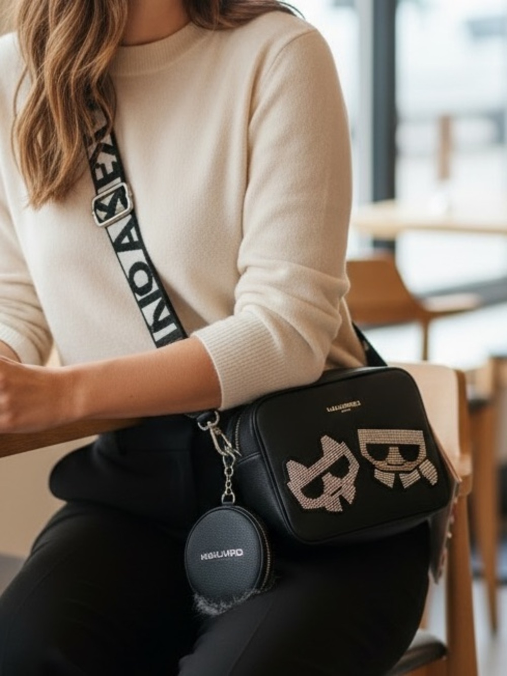 🆕 Karl Lagerfeld Black Bag with Cat and Sunglasses Motif